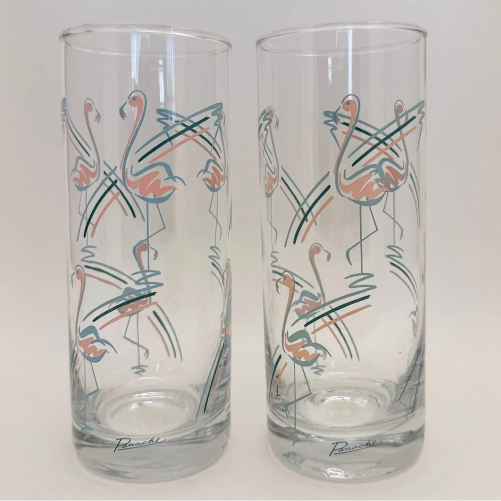 Vintage MCM 1960s Panache Flamingo Tumbler Highball Bar Glasses Set of 2
